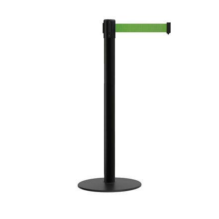 Retractable Belt Barrier Stanchion, Low Profile Steel Base, Black Post,  11 Ft. Belt - Montour Line MX630