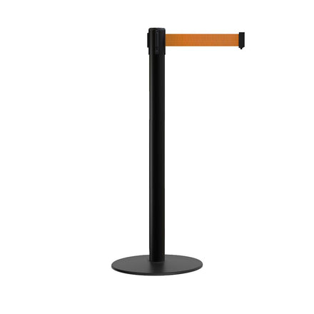 Retractable Belt Barrier Stanchion, Low Profile Steel Base, Black Post,  11 Ft. Belt - Montour Line MX630
