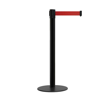 Retractable Belt Barrier Stanchion, Low Profile Steel Base, Black Post,  11 Ft. Belt - Montour Line MX630