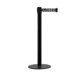 Retractable Belt Barrier Stanchion, Low Profile Steel Base, Black Post, 9 Ft. Belt - Montour Line MX630