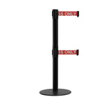 Retractable Dual Belt Barrier Stanchion, Low Profile Steel Base, Black Post, 9 ft Belts - Montour Line MX630D