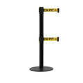 Retractable Dual Belt Barrier Stanchion, Low Profile Steel Base, Black Post, 7.5ft Belts - Montour Line MX630D