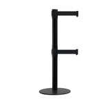 Retractable Dual Belt Barrier Stanchion, Low Profile Steel Base, Black Post, 11ft Belts - Montour Line MX630D