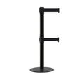 Retractable Dual Belt Barrier Stanchion, Low Profile Steel Base, Black Post, 11ft Belts - Montour Line MX630D