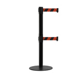 Retractable Dual Belt Barrier Stanchion, Low Profile Steel Base, Black Post, 9 ft Belts - Montour Line MX630D