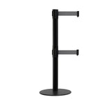 Retractable Dual Belt Barrier Stanchion, Low Profile Steel Base, Black Post, 11ft Belts - Montour Line MX630D