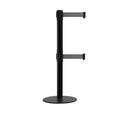 Retractable Dual Belt Barrier Stanchion, Low Profile Steel Base, Black Post, 11ft Belts - Montour Line MX630D