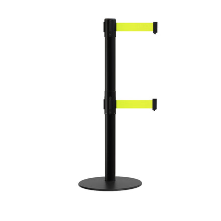Retractable Dual Belt Barrier Stanchion, Low Profile Steel Base, Black Post, 11ft Belts - Montour Line MX630D