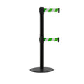Retractable Dual Belt Barrier Stanchion, Low Profile Steel Base, Black Post, 11ft Belts - Montour Line MX630D