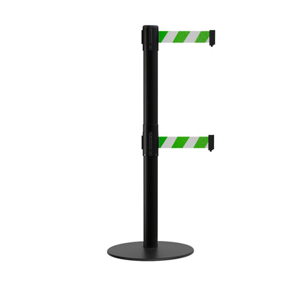 Retractable Dual Belt Barrier Stanchion, Low Profile Steel Base, Black Post, 11ft Belts - Montour Line MX630D