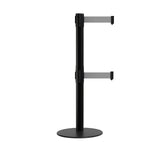 Retractable Dual Belt Barrier Stanchion, Low Profile Steel Base, Black Post, 11ft Belts - Montour Line MX630D