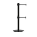 Retractable Dual Belt Barrier Stanchion, Low Profile Steel Base, Black Post, 11ft Belts - Montour Line MX630D