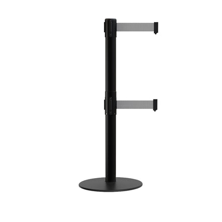 Retractable Dual Belt Barrier Stanchion, Low Profile Steel Base, Black Post, 11ft Belts - Montour Line MX630D