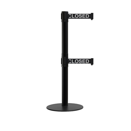 Retractable Dual Belt Barrier Stanchion, Low Profile Steel Base, Black Post, 11ft Belts - Montour Line MX630D