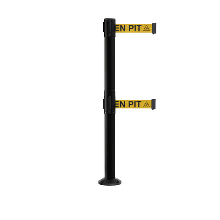 Retractable Dual Belt Barrier Safety Stanchion, Fixed Base, Black Post, 11 Ft. Belts - Montour Line MX630DF