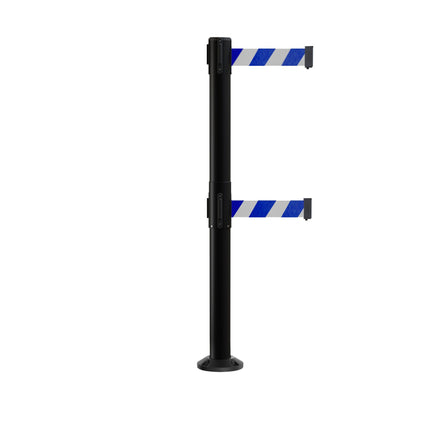 Retractable Dual Belt Barrier Safety Stanchion, Fixed Base, Black Post, 7.5 Ft. Belt - Montour Line MX630DF