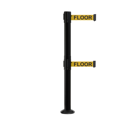 Retractable Dual Belt Barrier Safety Stanchion, Fixed Base, Black Post, 9 Ft. Belts - Montour Line MX630DF