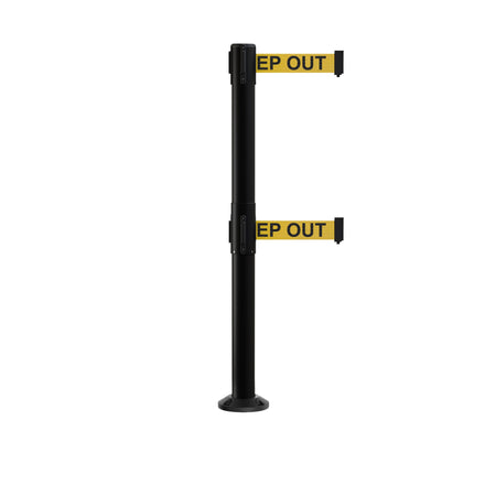 Retractable Dual Belt Barrier Safety Stanchion, Fixed Base, Black Post, 7.5 Ft. Belt - Montour Line MX630DF