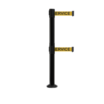 Retractable Dual Belt Barrier Safety Stanchion, Fixed Base, Black Post, 9 Ft. Belts - Montour Line MX630DF