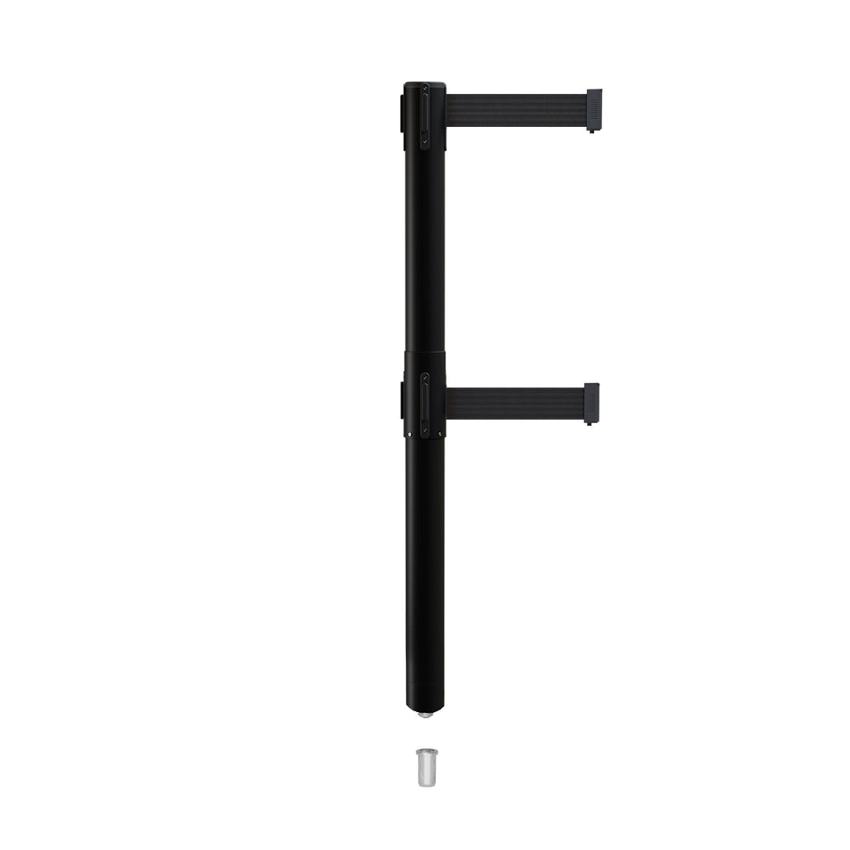 Retractable Dual Belt Barrier Stanchion, Mini Socket Base, Black Post, 9 ft Belt - Montour Line MX630DSK