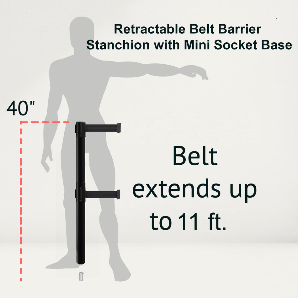 Retractable Dual Belt Barrier Stanchion, Mini Socket Base, Black Post, 11 ft Belt - Montour Line MX630DSK