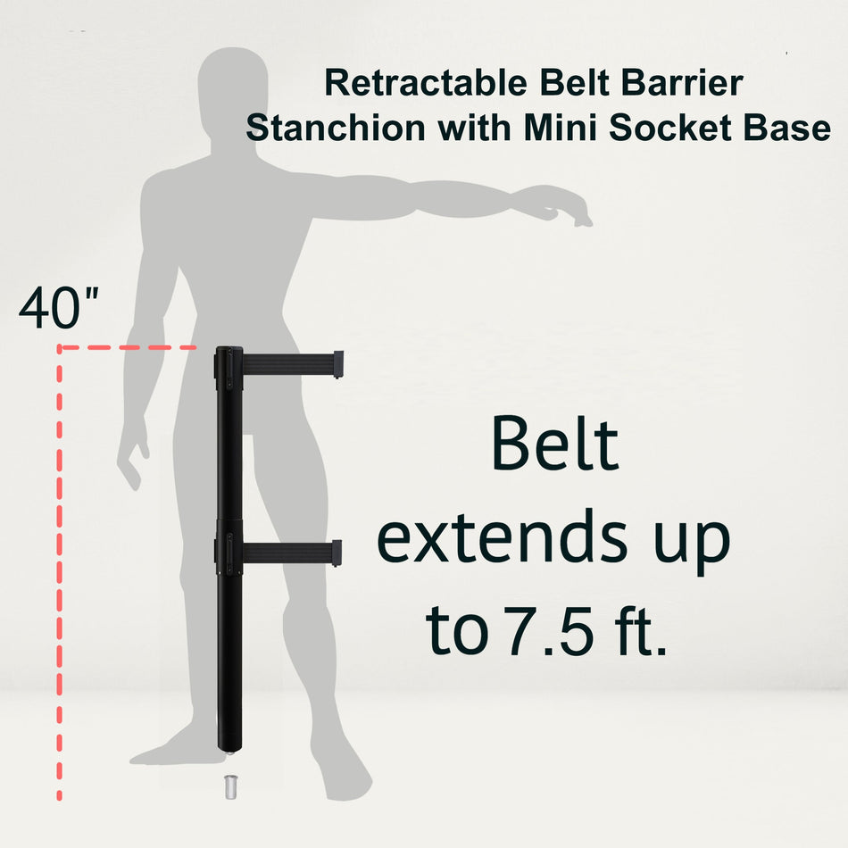 Retractable Dual Belt Barrier Stanchion, Mini Socket Base, Black Post, 7.5 ft Belt - Montour Line MX630DSK