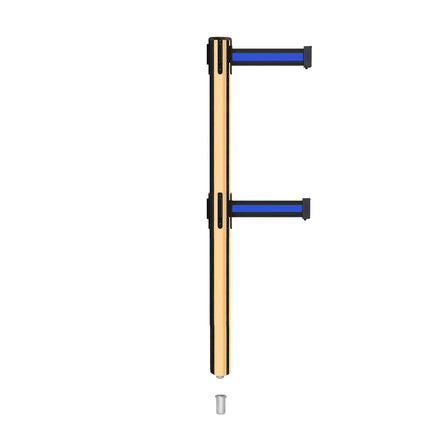 Retractable Dual Belt Barrier Stanchion, Mini Socket Base, Polished Brass Post, 11 ft Belt - Montour Line MX630DSK