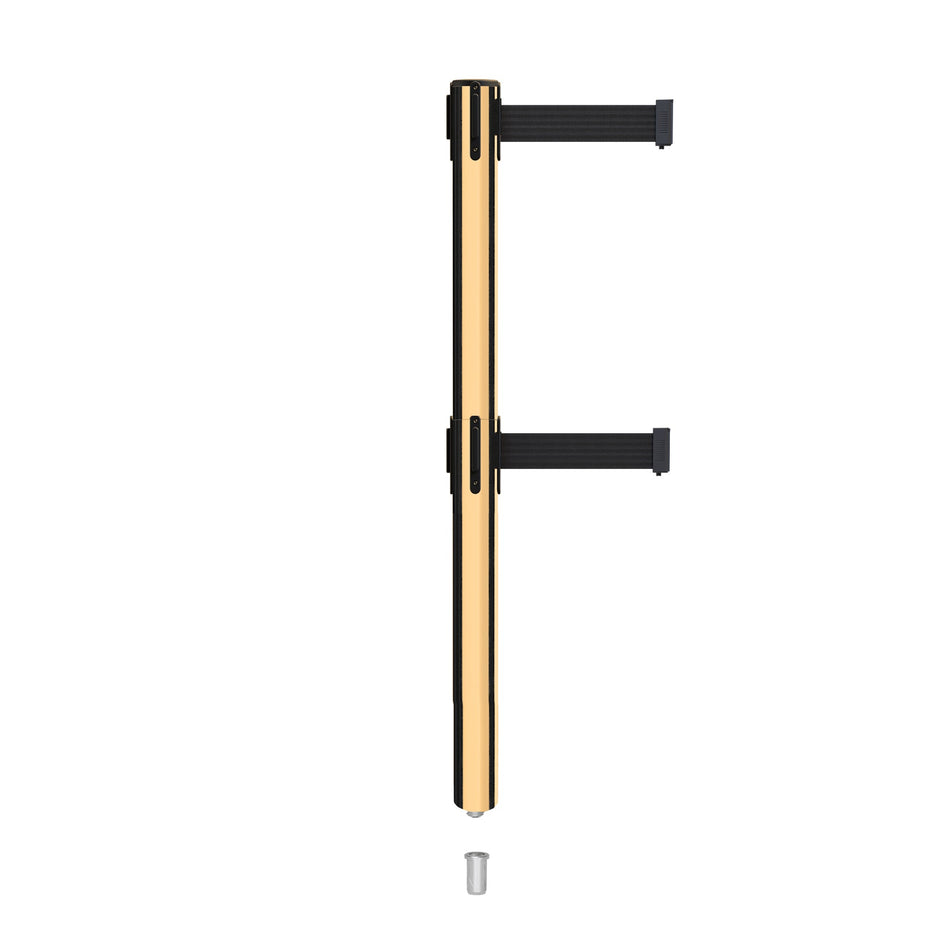 Retractable Dual Belt Barrier Stanchion, Mini Socket Base, Polished Brass Post, 13 ft Belt - Montour Line MX630DSK