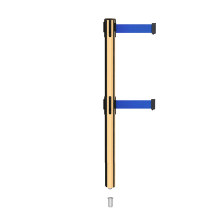 Retractable Dual Belt Barrier Stanchion, Mini Socket Base, Polished Brass Post, 7.5 ft Belt - Montour Line MX630DSK