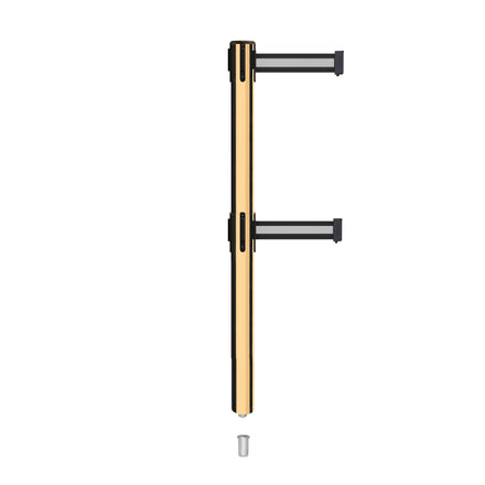 Retractable Dual Belt Barrier Stanchion, Mini Socket Base, Polished Brass Post, 11 ft Belt - Montour Line MX630DSK