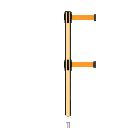 Retractable Dual Belt Barrier Stanchion, Mini Socket Base, Polished Brass Post, 11 ft Belt - Montour Line MX630DSK
