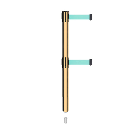 Retractable Dual Belt Barrier Stanchion, Mini Socket Base, Polished Brass Post, 11 ft Belt - Montour Line MX630DSK