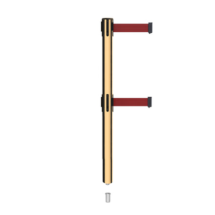 Retractable Dual Belt Barrier Stanchion, Mini Socket Base, Polished Brass Post, 11 ft Belt - Montour Line MX630DSK