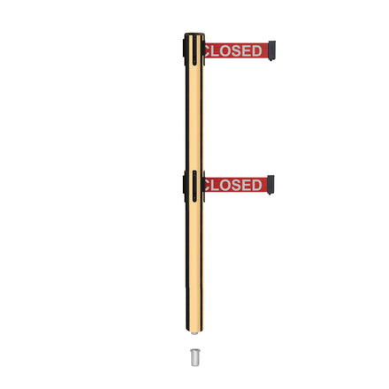 Retractable Dual Belt Barrier Stanchion, Mini Socket Base, Polished Brass Post, 11 ft Belt - Montour Line MX630DSK