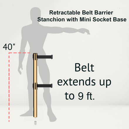 Retractable Dual Belt Barrier Stanchion, Mini Socket Base, Polished Brass Post, 9 ft Belt - Montour Line MX630DSK