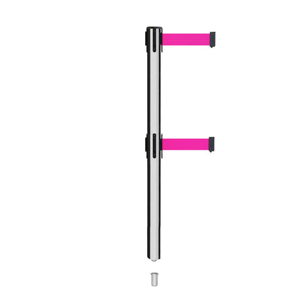 Retractable Dual Belt Barrier Stanchion, Mini Socket Base, Polished Stainless Steel Post, 11 ft Belt - Montour Line MX630DSK