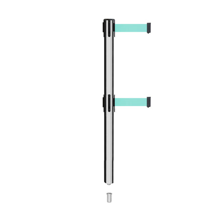 Retractable Dual Belt Barrier Stanchion, Mini Socket Base, Polished Stainless Steel Post, 11 ft Belt - Montour Line MX630DSK