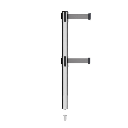 Retractable Dual Belt Barrier Stanchion, Mini Socket Base, Polished Stainless Steel Post, 11 ft Belt - Montour Line MX630DSK