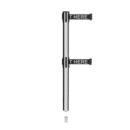 Retractable Dual Belt Barrier Stanchion, Mini Socket Base, Polished Stainless Steel Post, 11 ft Belt - Montour Line MX630DSK