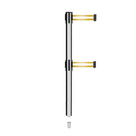 Retractable Dual Belt Barrier Stanchion, Mini Socket Base, Polished Stainless Steel Post, 11 ft Belt - Montour Line MX630DSK