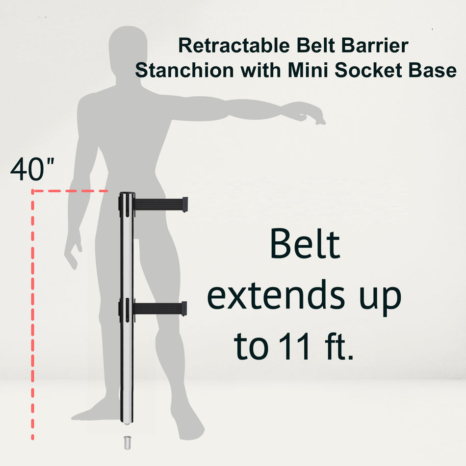 Retractable Dual Belt Barrier Stanchion, Mini Socket Base, Polished Stainless Steel Post, 11 ft Belt - Montour Line MX630DSK