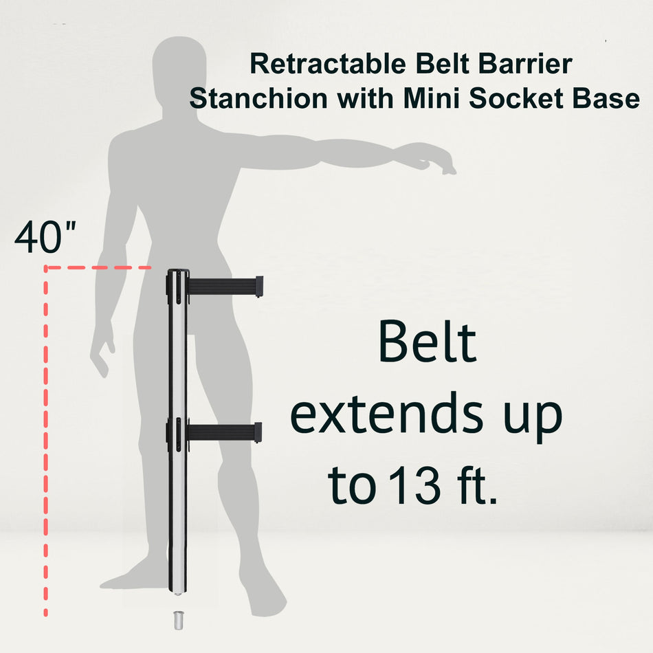 Retractable Dual Belt Barrier Stanchion, Mini Socket Base, Polished Stainless Steel Post, 13 ft Belt - Montour Line MX630DSK