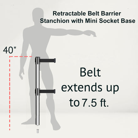 Retractable Dual Belt Barrier Stanchion, Mini Socket Base, Polished Stainless Steel Post, 7.5 ft Belt - Montour Line MX630DSK