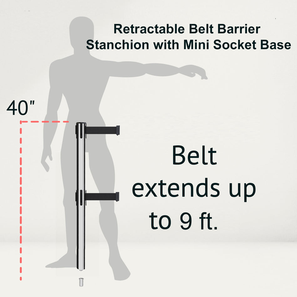Retractable Dual Belt Barrier Stanchion, Mini Socket Base, Polished Stainless Steel Post, 9 ft Belt - Montour Line MX630DSK