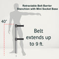 Retractable Dual Belt Barrier Stanchion, Mini Socket Base, Polished Stainless Steel Post, 9 ft Belt - Montour Line MX630DSK