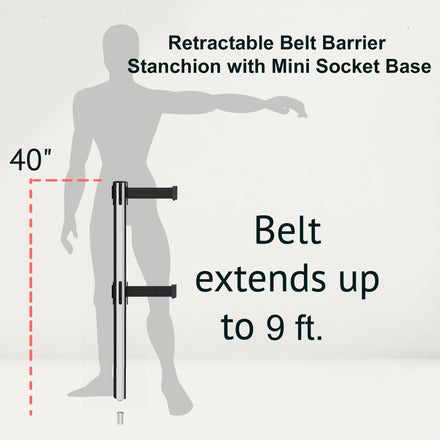 Retractable Dual Belt Barrier Stanchion, Mini Socket Base, Polished Stainless Steel Post, 9 ft Belt - Montour Line MX630DSK