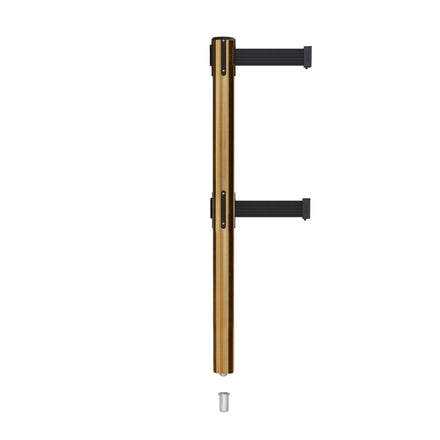 Retractable Dual Belt Barrier Stanchion, Mini Socket Base, Satin Brass Post, 13 ft Belt - Montour Line MX630DSK