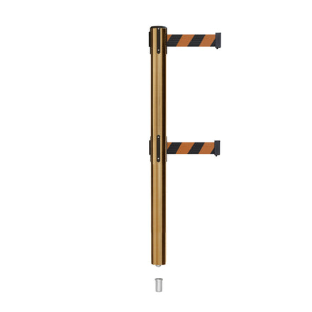 Retractable Dual Belt Barrier Stanchion, Mini Socket Base, Satin Brass Post, 9 ft Belt - Montour Line MX630DSK