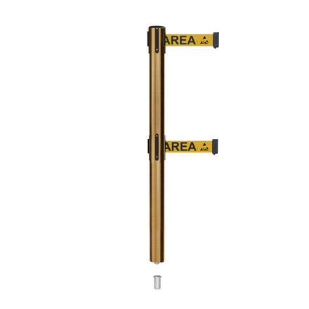 Retractable Dual Belt Barrier Stanchion, Mini Socket Base, Satin Brass Post, 9 ft Belt - Montour Line MX630DSK