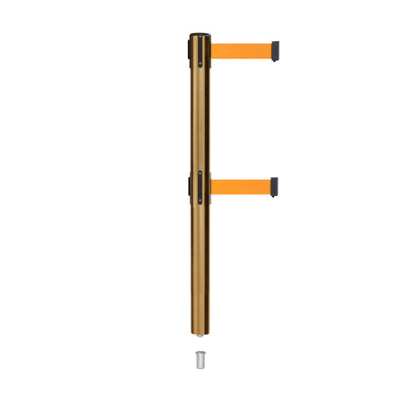 Retractable Dual Belt Barrier Stanchion, Mini Socket Base, Satin Brass Post, 7.5 ft Belt - Montour Line MX630DSK